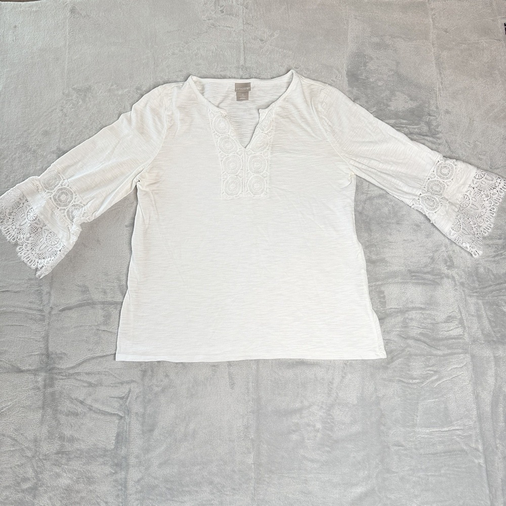 Chico's White Lace Bell Sleeve Peasant Top Crochet Boho Cotton Modal Size 0